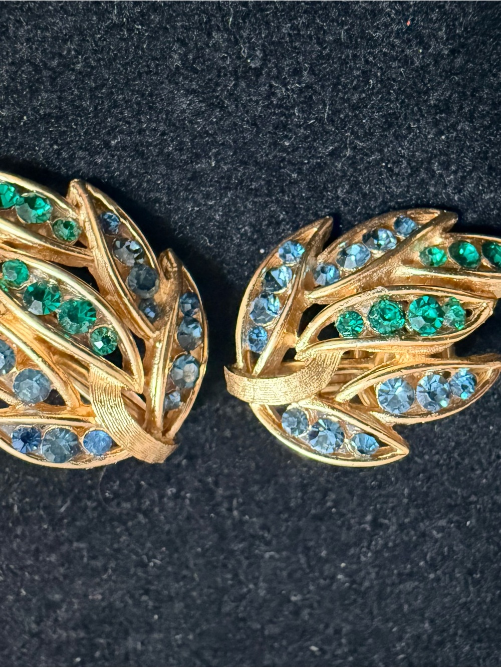 Trifari Gold-Tone Leaf Clip on Earrings with Blue and Green Rhinestones